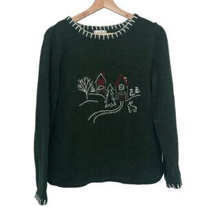 Christopher & Banks Hunter Green Hand Embroidered Winter Theme Pullover Size  XL